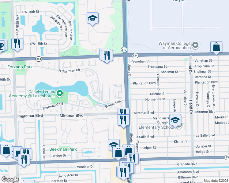 map of restaurants, bars, coffee shops, grocery stores, and more near 2201 Southwest 80th Terrace in Miramar