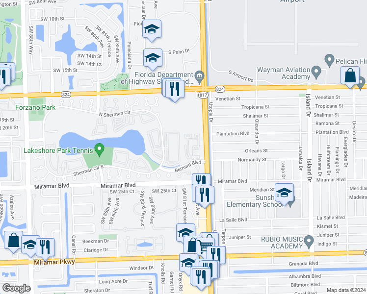 map of restaurants, bars, coffee shops, grocery stores, and more near 256 Sherman Circle Driveway in Miramar