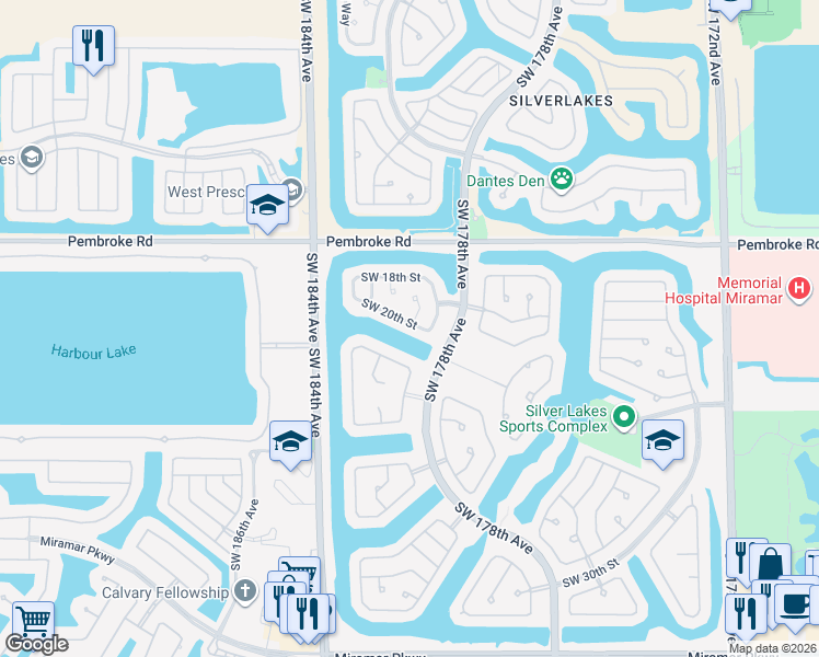 map of restaurants, bars, coffee shops, grocery stores, and more near 1933 Southwest 180th Terrace in Miramar