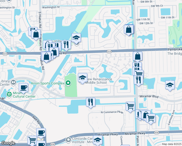 map of restaurants, bars, coffee shops, grocery stores, and more near 4629 Avalon Boulevard in Miramar