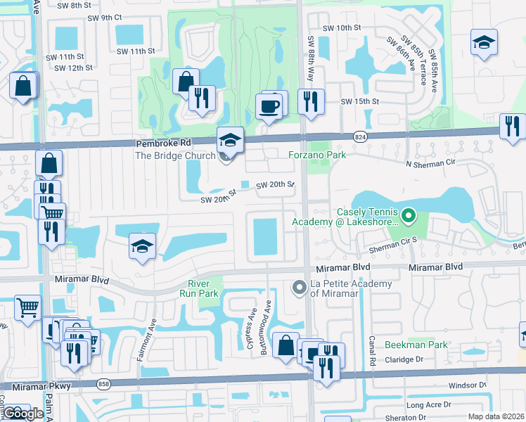 map of restaurants, bars, coffee shops, grocery stores, and more near 9131 North Lake Miramar Circle in Miramar