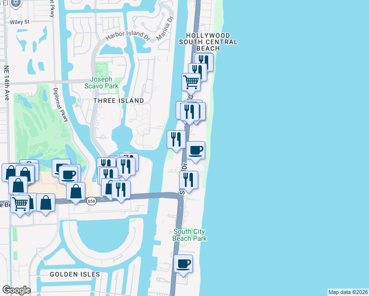 map of restaurants, bars, coffee shops, grocery stores, and more near 3660 S Ocean Dr in Hollywood