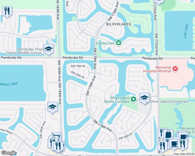 map of restaurants, bars, coffee shops, grocery stores, and more near 1948 Southwest 177th Avenue in Miramar