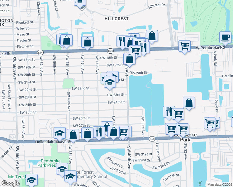 map of restaurants, bars, coffee shops, grocery stores, and more near 4131 Southwest 23rd Street in West Park