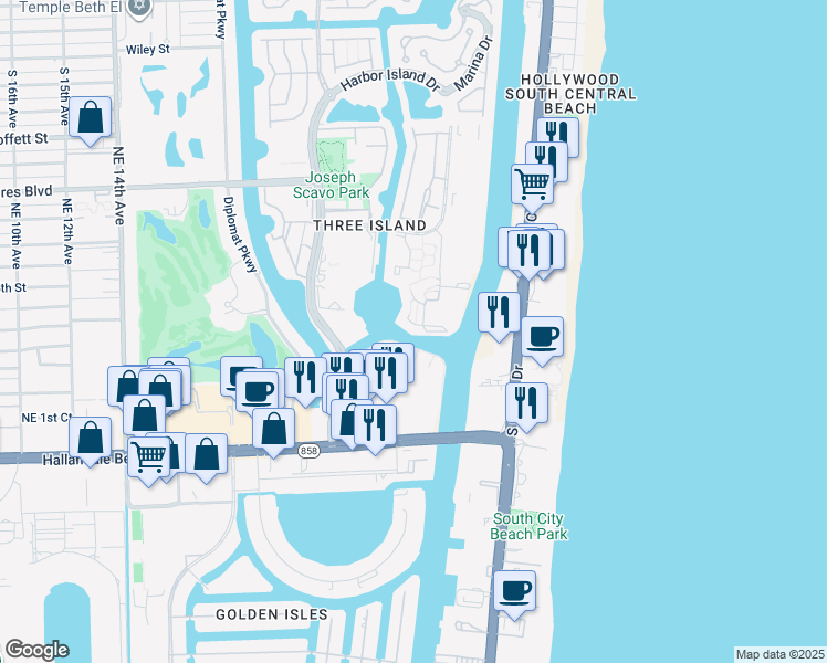map of restaurants, bars, coffee shops, grocery stores, and more near 919 Leslie Drive in Hallandale Beach