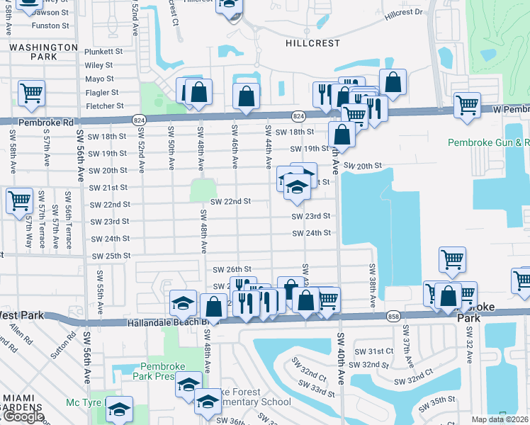 map of restaurants, bars, coffee shops, grocery stores, and more near 2205 Southwest 44th Avenue in West Park