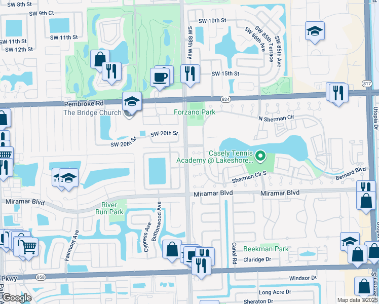 map of restaurants, bars, coffee shops, grocery stores, and more near 2241 Lake Miramar Way in Miramar