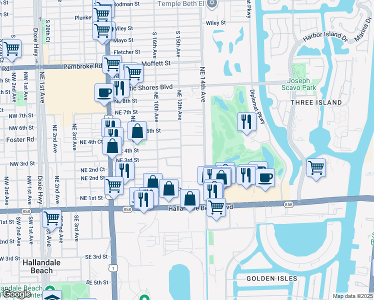 map of restaurants, bars, coffee shops, grocery stores, and more near 320 Northeast 4th Street in Hallandale Beach