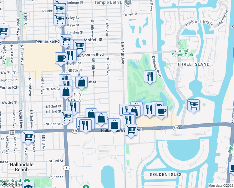 map of restaurants, bars, coffee shops, grocery stores, and more near 320 Northeast 4th Street in Hallandale Beach
