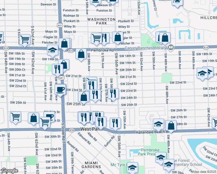 map of restaurants, bars, coffee shops, grocery stores, and more near 2210 Southwest 57th Avenue in West Park