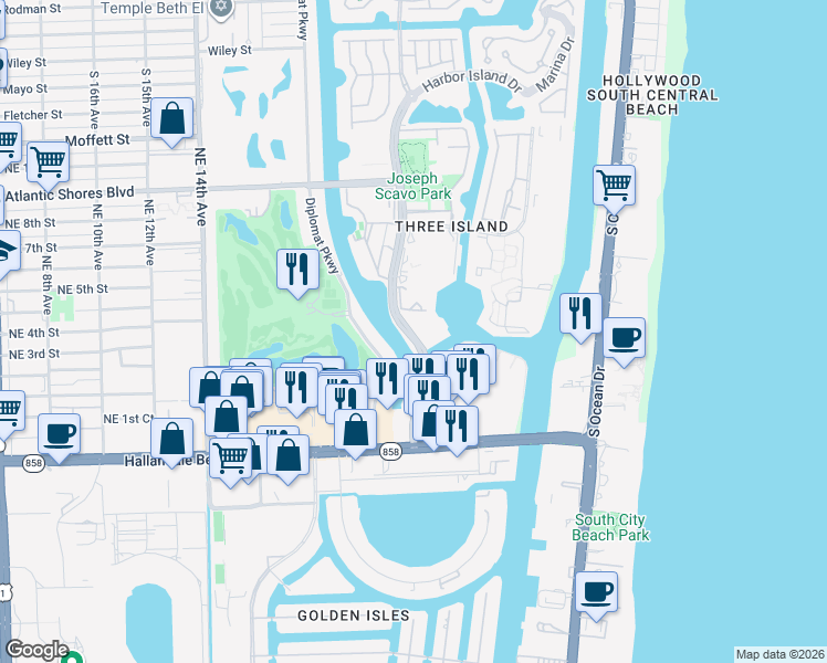 map of restaurants, bars, coffee shops, grocery stores, and more near 341 Three Islands Boulevard in Hallandale Beach