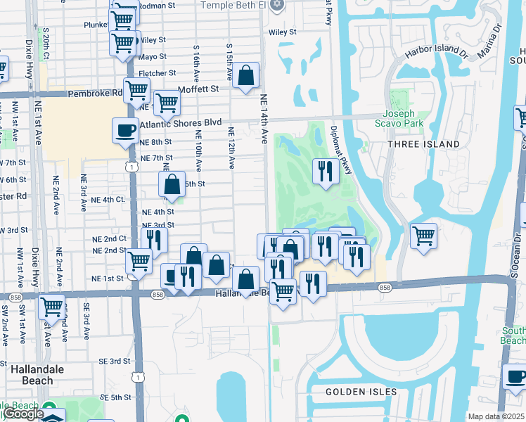 map of restaurants, bars, coffee shops, grocery stores, and more near 400 Northeast 4th Street in Hallandale Beach