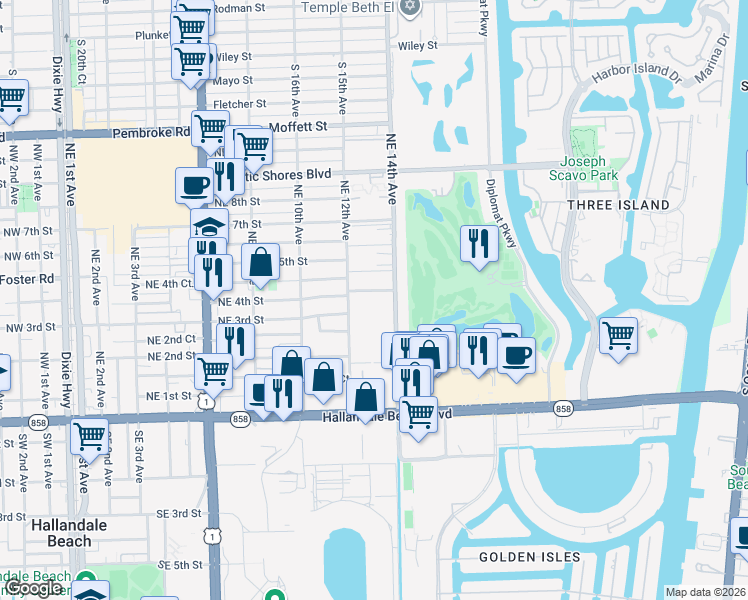 map of restaurants, bars, coffee shops, grocery stores, and more near 320 Northeast 4th Street in Hallandale Beach