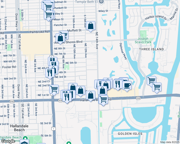 map of restaurants, bars, coffee shops, grocery stores, and more near 320 Northeast 4th Street in Hallandale Beach