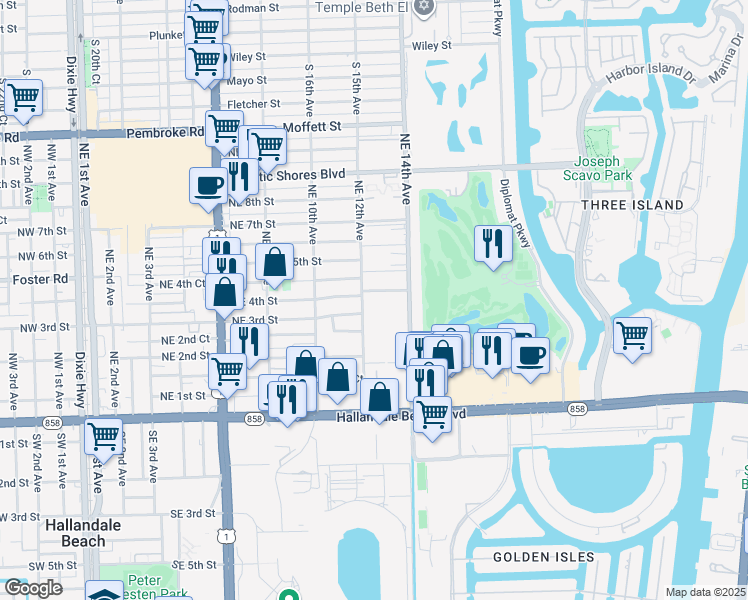 map of restaurants, bars, coffee shops, grocery stores, and more near 320 Northeast 4th Street in Hallandale Beach