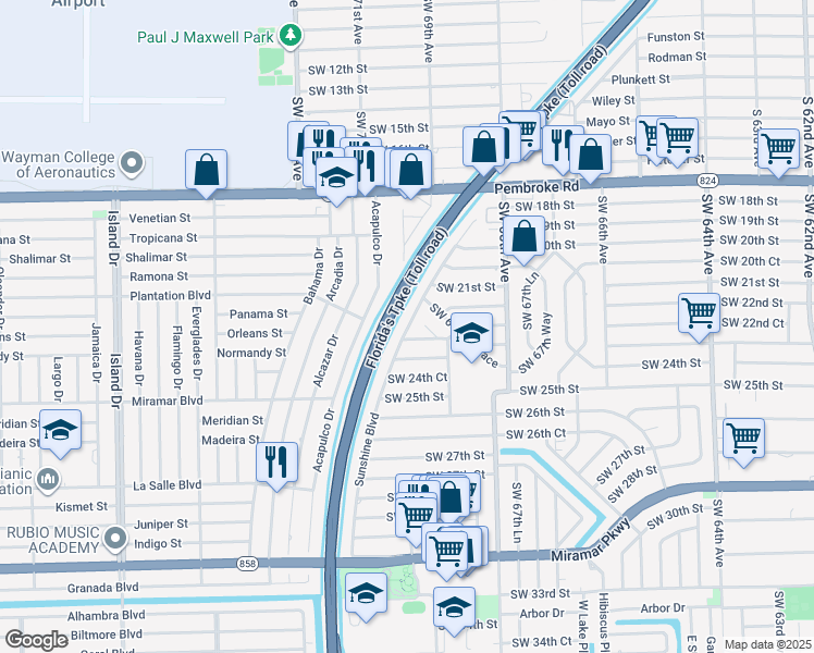 map of restaurants, bars, coffee shops, grocery stores, and more near 2250 Sunshine Boulevard in Miramar