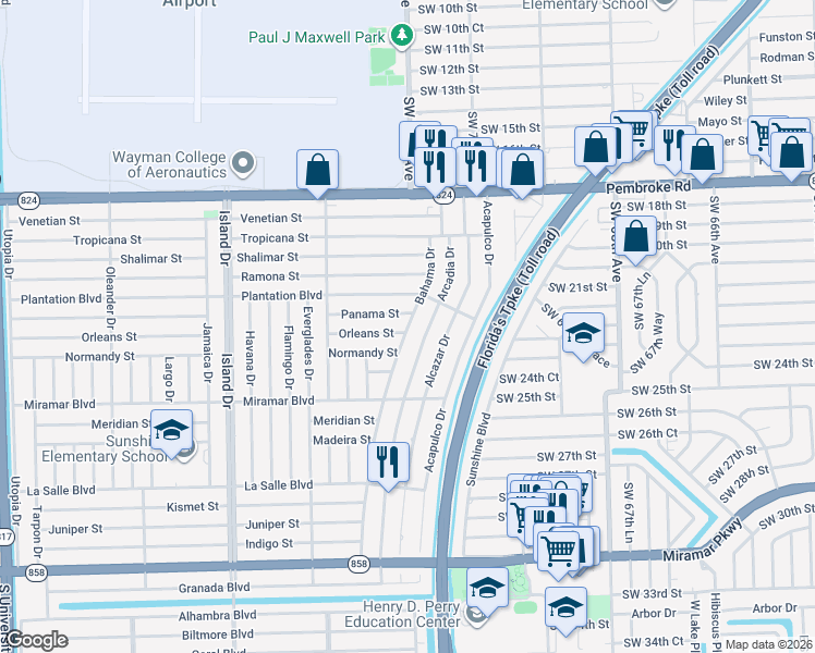 map of restaurants, bars, coffee shops, grocery stores, and more near 7224 Panama Street in Miramar
