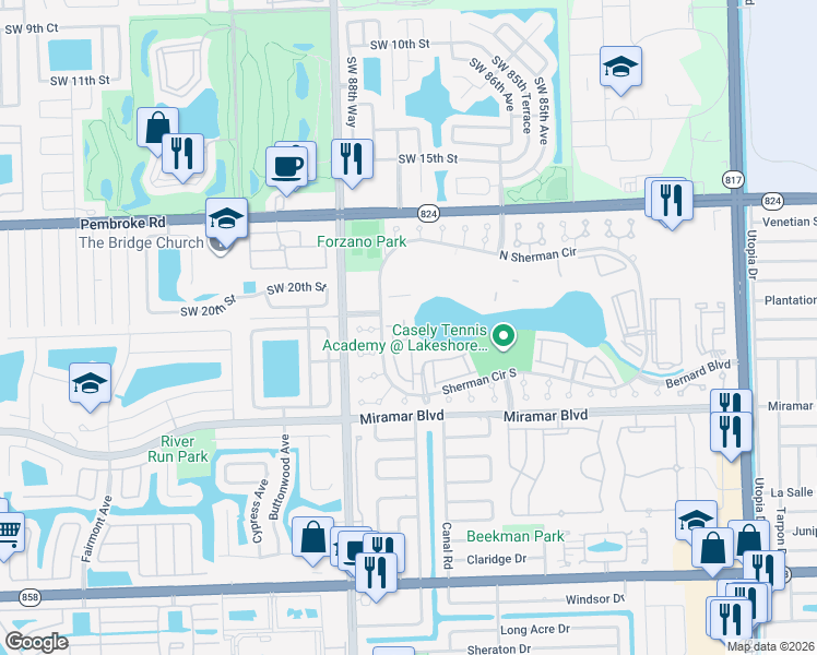map of restaurants, bars, coffee shops, grocery stores, and more near 2043 Southwest 87th Terrace in Miramar