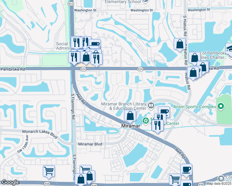 map of restaurants, bars, coffee shops, grocery stores, and more near 2016 Southwest 120th Avenue in Miramar