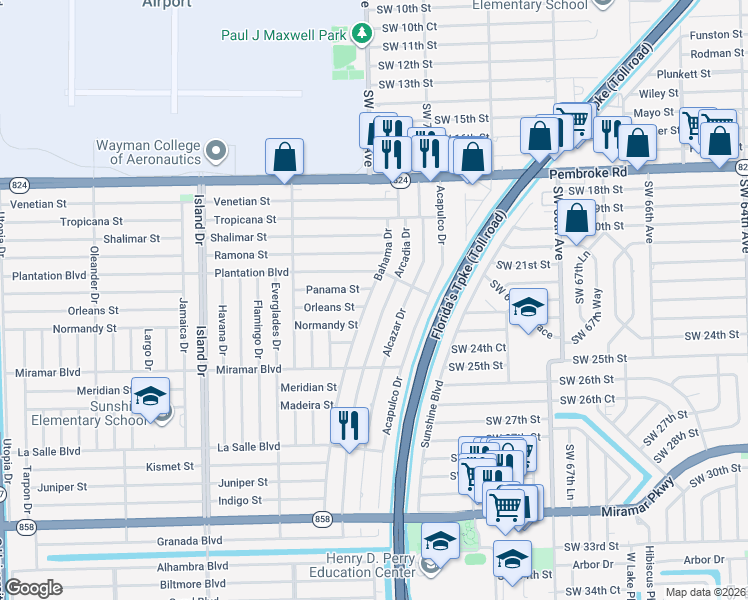 map of restaurants, bars, coffee shops, grocery stores, and more near 2130 Arcadia Drive in Miramar