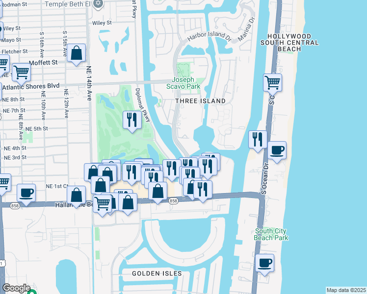 map of restaurants, bars, coffee shops, grocery stores, and more near 341 Three Islands Boulevard in Hallandale Beach