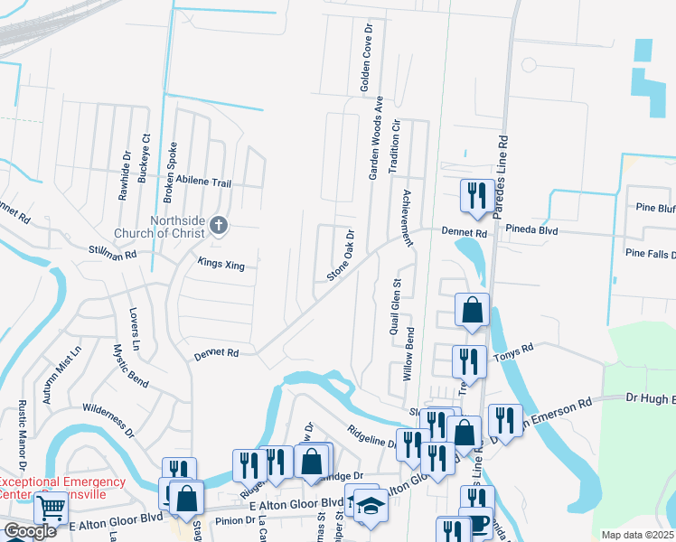 map of restaurants, bars, coffee shops, grocery stores, and more near Stone Oak Drive in Brownsville