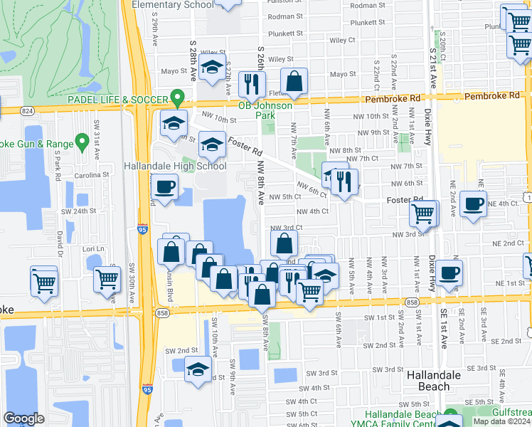 map of restaurants, bars, coffee shops, grocery stores, and more near 760 Northwest 4th Street in Hallandale Beach