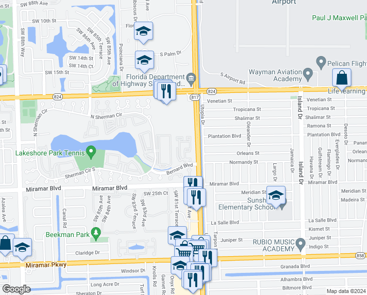 map of restaurants, bars, coffee shops, grocery stores, and more near 8028 Southwest 21st Court in Miramar