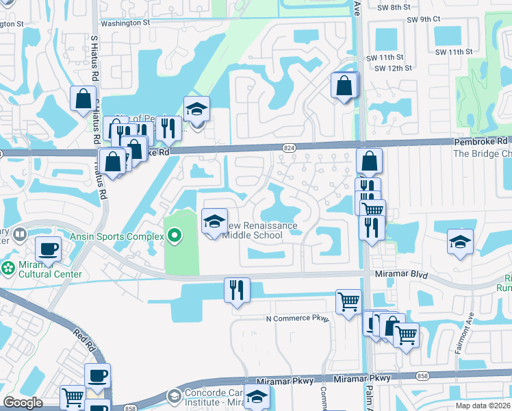 map of restaurants, bars, coffee shops, grocery stores, and more near 2042 Southwest 104th Avenue in Miramar