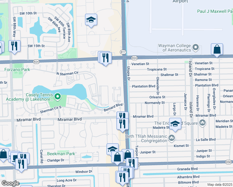 map of restaurants, bars, coffee shops, grocery stores, and more near 2201 Southwest 80th Terrace in Miramar