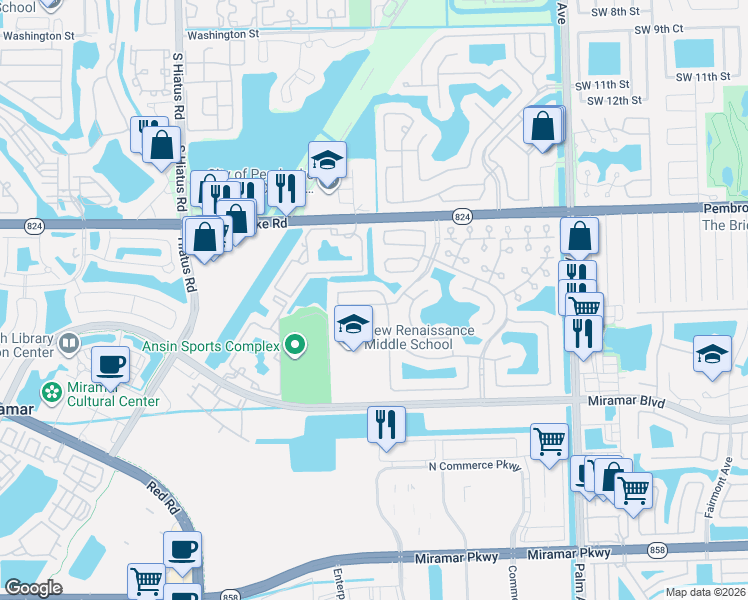 map of restaurants, bars, coffee shops, grocery stores, and more near 10600 Southwest 20th Court in Miramar
