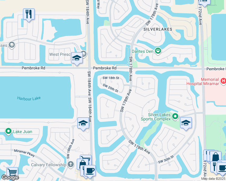 map of restaurants, bars, coffee shops, grocery stores, and more near 18104 Southwest 20th Street in Miramar