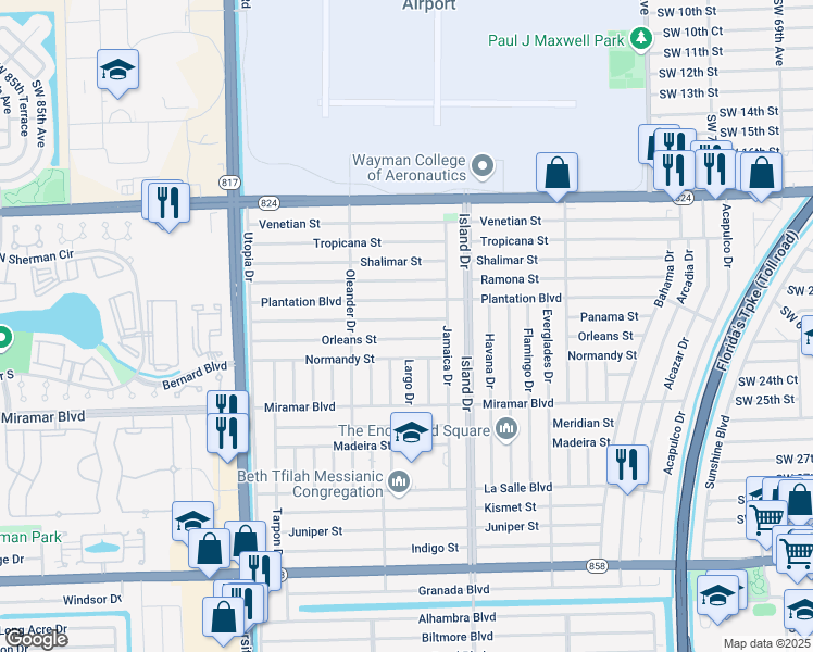 map of restaurants, bars, coffee shops, grocery stores, and more near 7800 Panama Street in Miramar