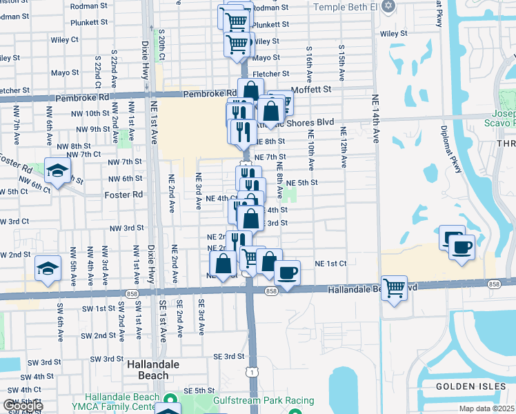 map of restaurants, bars, coffee shops, grocery stores, and more near 615 Northeast 4th Street in Hallandale Beach