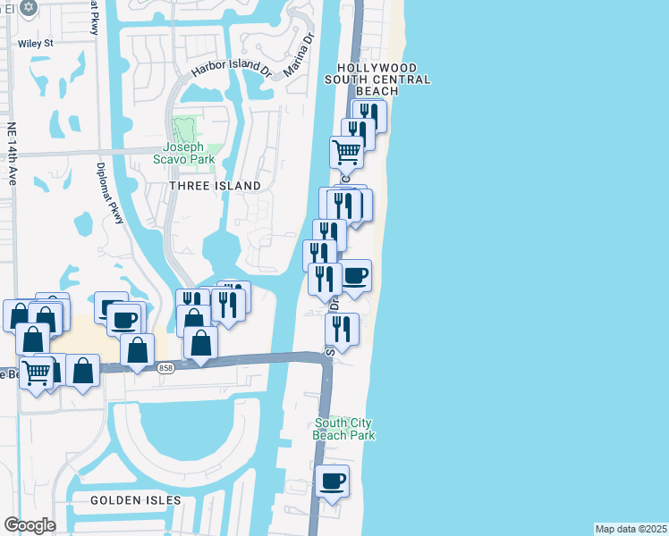 map of restaurants, bars, coffee shops, grocery stores, and more near 3670 South Ocean Drive in Hollywood