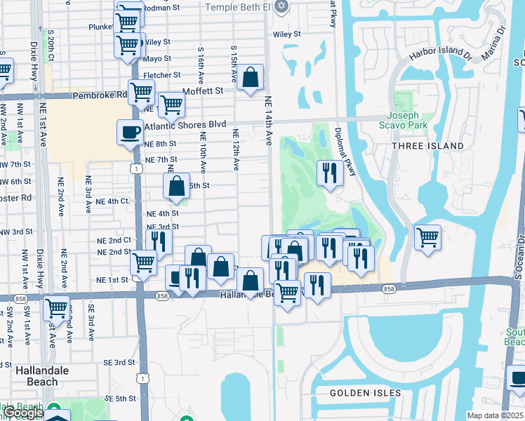 map of restaurants, bars, coffee shops, grocery stores, and more near 400 Northeast 4th Street in Hallandale Beach