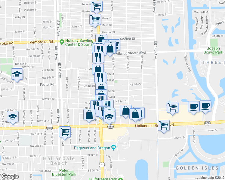 map of restaurants, bars, coffee shops, grocery stores, and more near 801 Northeast 4th Street in Hallandale Beach