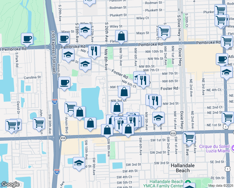 map of restaurants, bars, coffee shops, grocery stores, and more near 705 Northwest 5th Street in Hallandale Beach