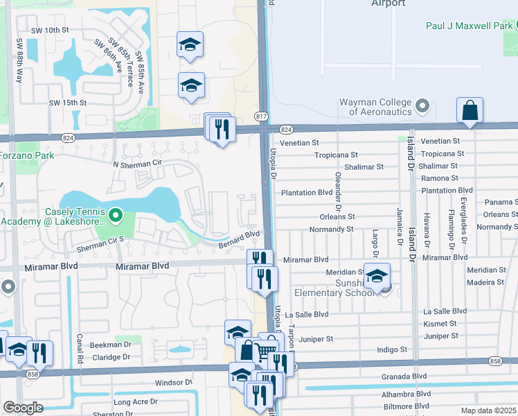 map of restaurants, bars, coffee shops, grocery stores, and more near 2201 Southwest 80th Terrace in Miramar