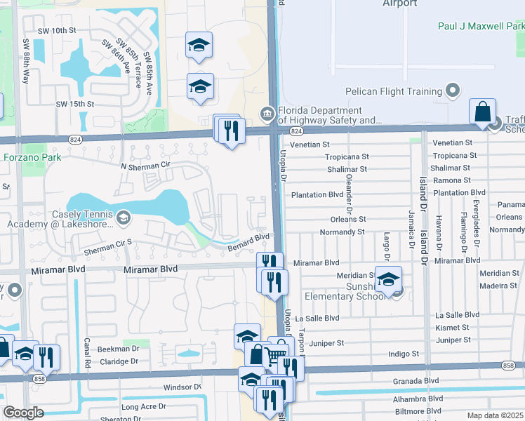 map of restaurants, bars, coffee shops, grocery stores, and more near 2201 Southwest 80th Terrace in Miramar