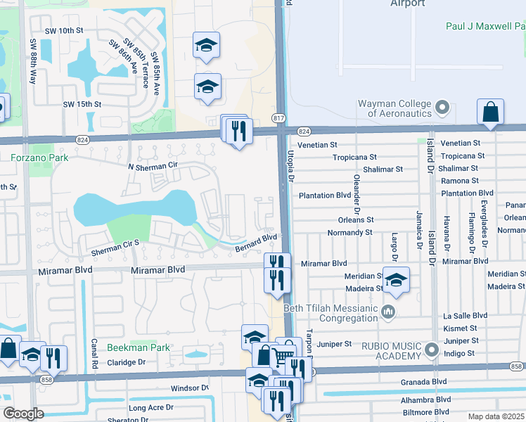 map of restaurants, bars, coffee shops, grocery stores, and more near 2201 Southwest 80th Terrace in Miramar