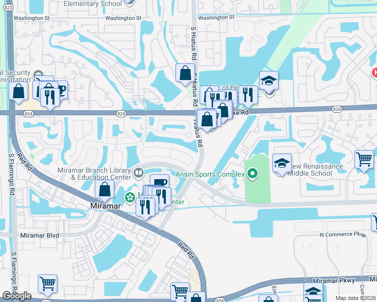 map of restaurants, bars, coffee shops, grocery stores, and more near 11261 Southwest 20th Street in Miramar