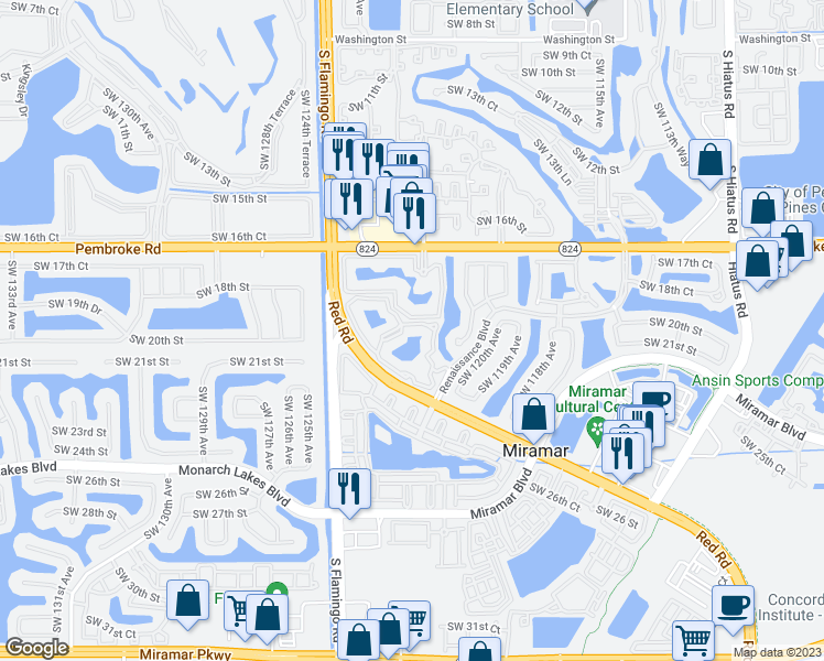 map of restaurants, bars, coffee shops, grocery stores, and more near 2041 Renaissance Boulevard in Hollywood