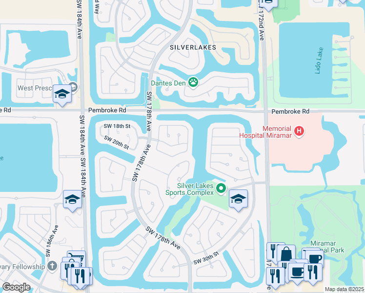 map of restaurants, bars, coffee shops, grocery stores, and more near 17612 Southwest 19th Street in Miramar