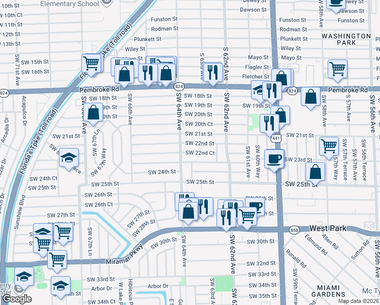 map of restaurants, bars, coffee shops, grocery stores, and more near 6329 Southwest 22nd Court in Miramar