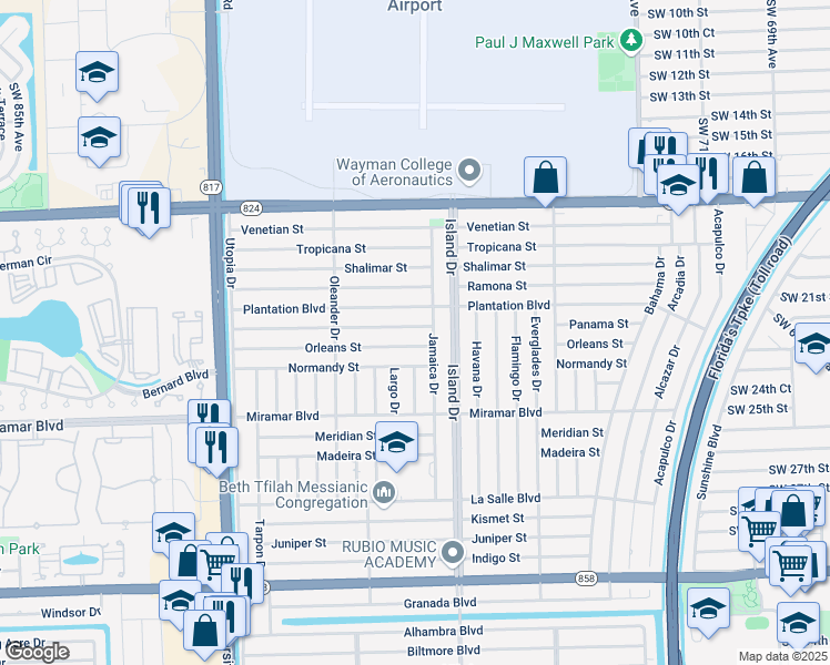 map of restaurants, bars, coffee shops, grocery stores, and more near 7758 Panama Street in Miramar