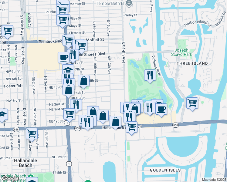 map of restaurants, bars, coffee shops, grocery stores, and more near 320 Northeast 4th Street in Hallandale Beach