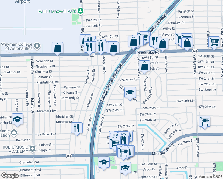 map of restaurants, bars, coffee shops, grocery stores, and more near 2250 Sunshine Boulevard in Miramar
