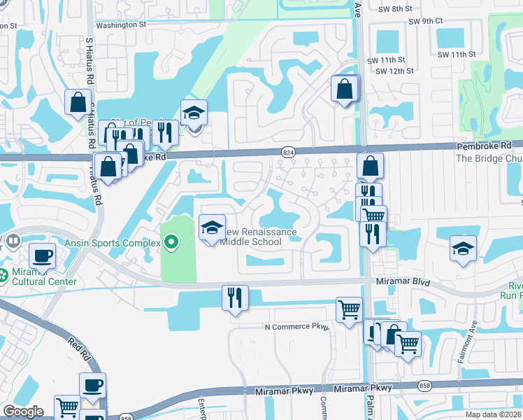 map of restaurants, bars, coffee shops, grocery stores, and more near 2031 Southwest 104th Avenue in Miramar