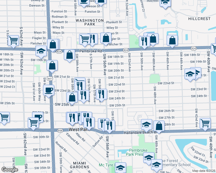 map of restaurants, bars, coffee shops, grocery stores, and more near 2126 Southwest 56th Avenue in West Park